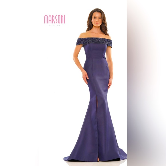 MARSONI NAVY OFF SHOULDERS ELEGANT SATIN GOWN size 10 MV1184 Fit & Flare gown. - Picture 1 of 7